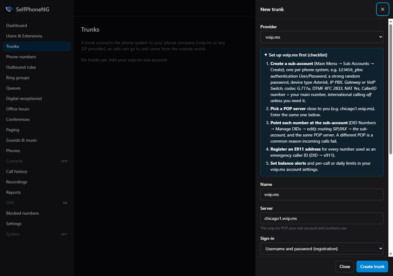 New trunk form with the voip.ms checklist open