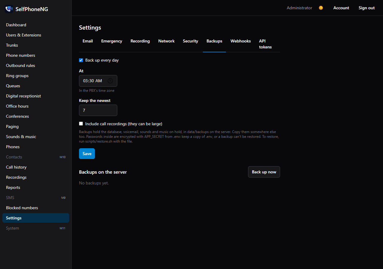 Settings → Backups